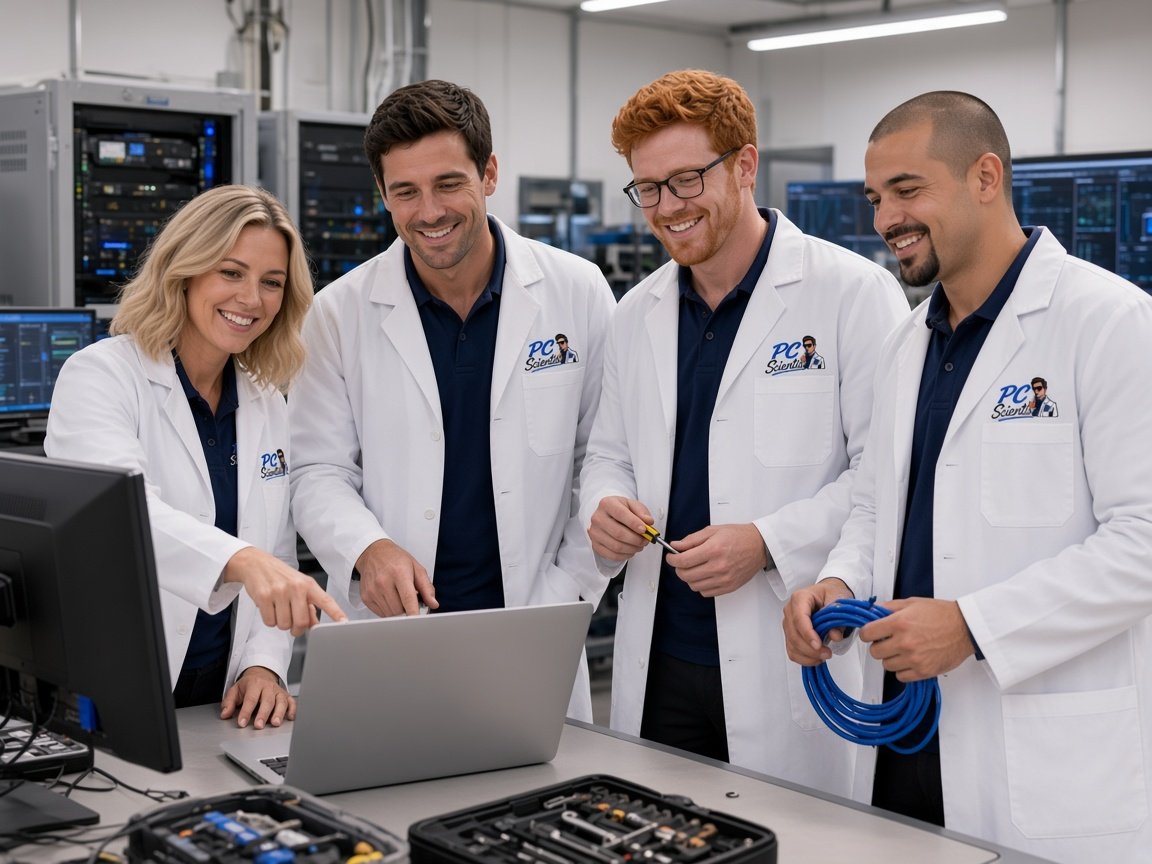 The PC Scientist team in the lab, in white coats with the PC Scientist logo, working at the bench.