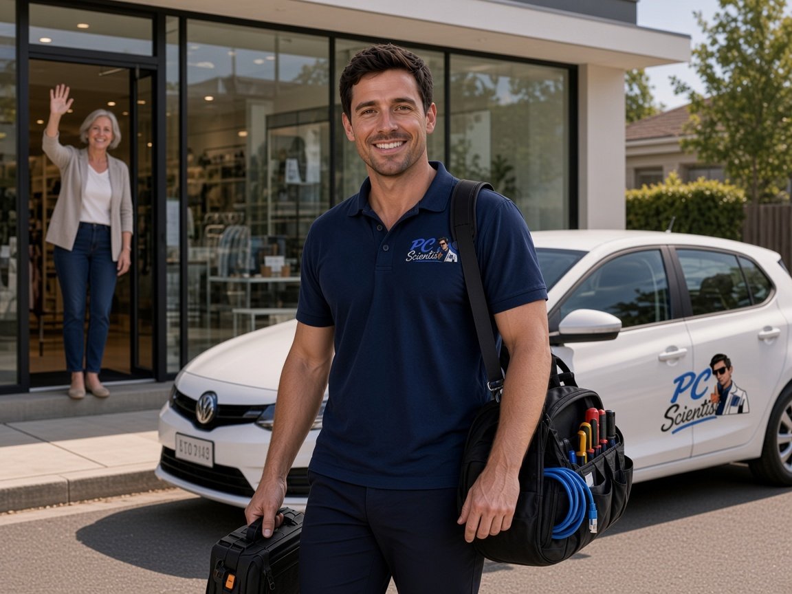 We come to you - a PC Scientist technician and his gear at a business doorstep, with the client waving.