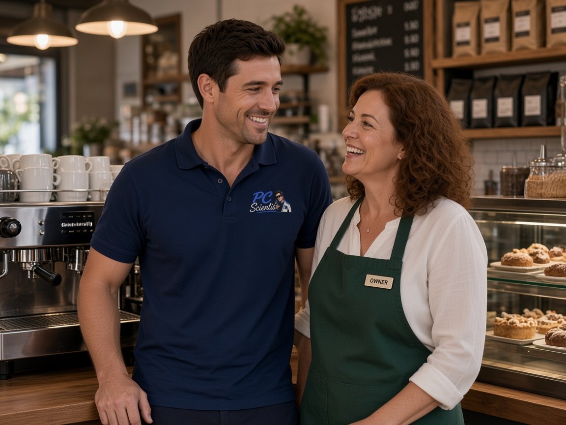 Cafe and retail venues - a PC Scientist technician at the counter with the owner.