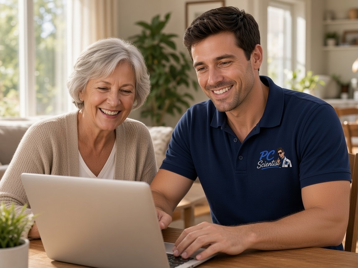 One-on-one help - a PC Scientist technician sitting with an older client at her laptop.