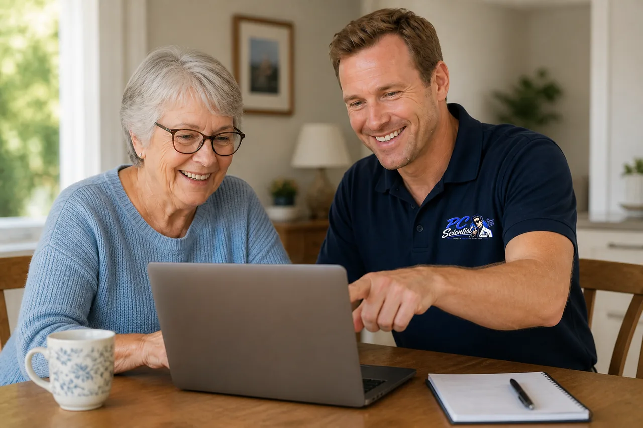 One-on-one help - a PC Scientist technician sitting with an older client at her laptop.