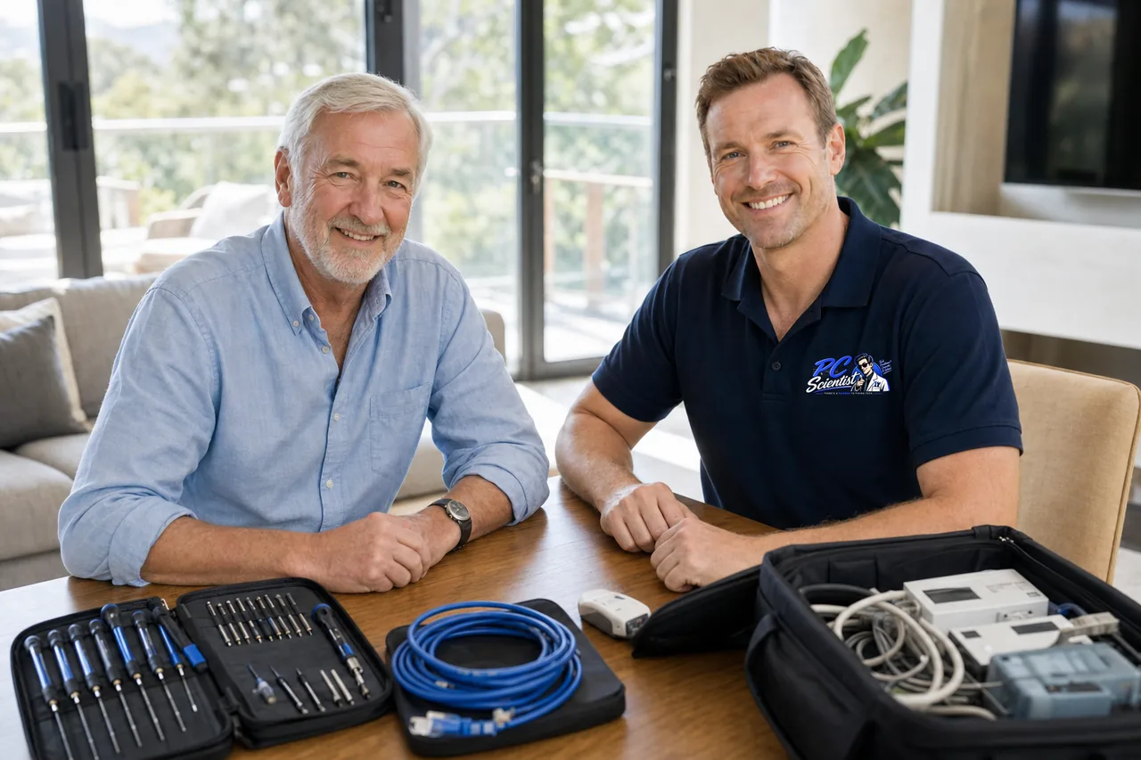 Sorted - a PC Scientist technician and an older client both happy after the visit.