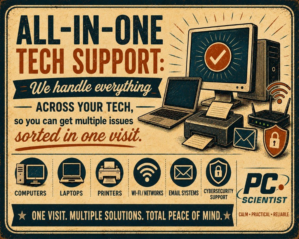 All-in-one technology support: computers, laptops, printers, Wi-Fi, email, and cybersecurity in one visit.