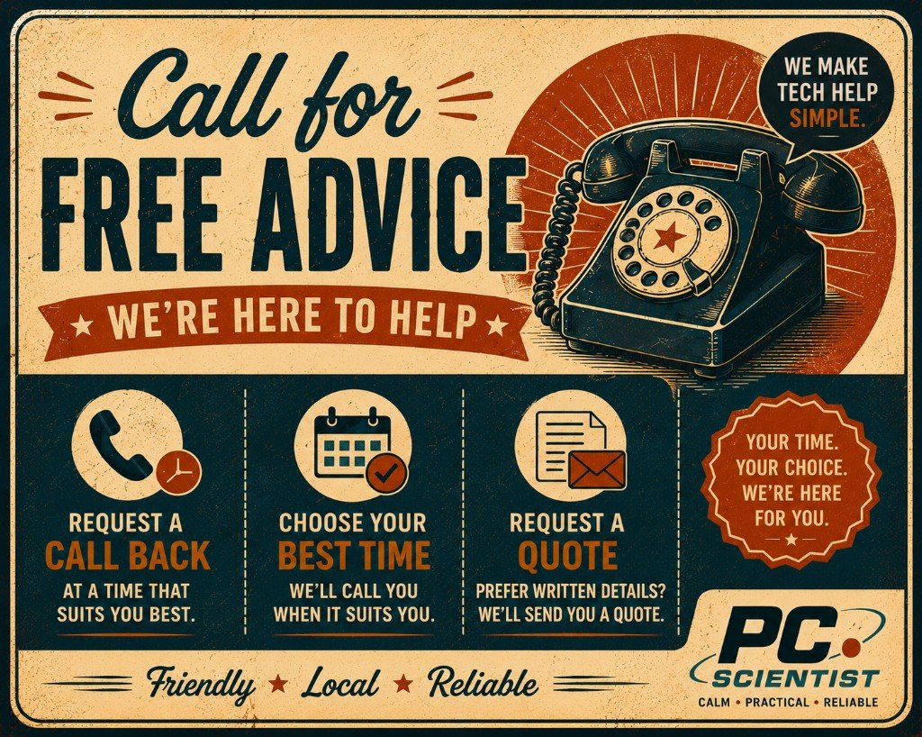 Call for free advice: request a call back, choose a time that suits you, or request a quote from PC Scientist.