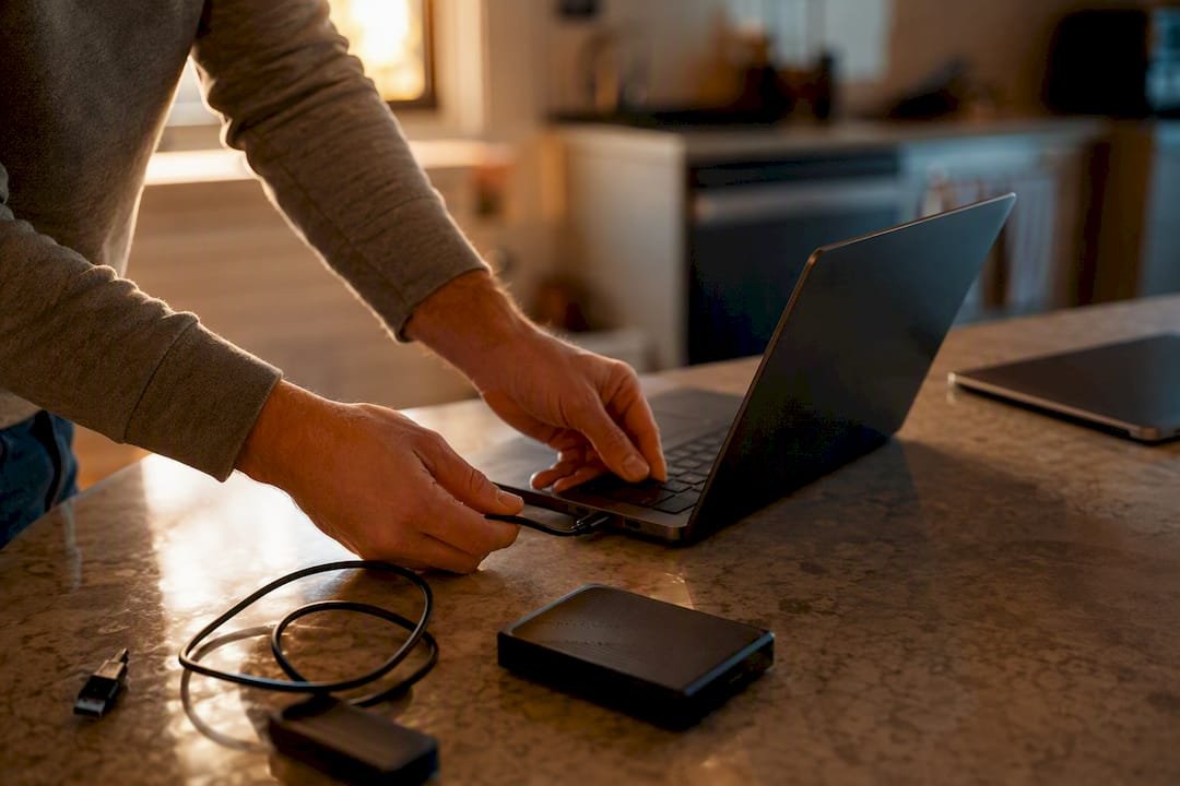 Hands plugging an external drive into a laptop for a local backup