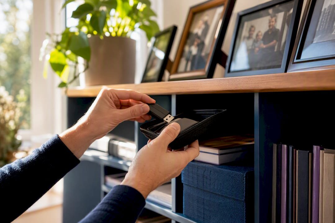 Hands putting a removable backup drive away after an offline copy