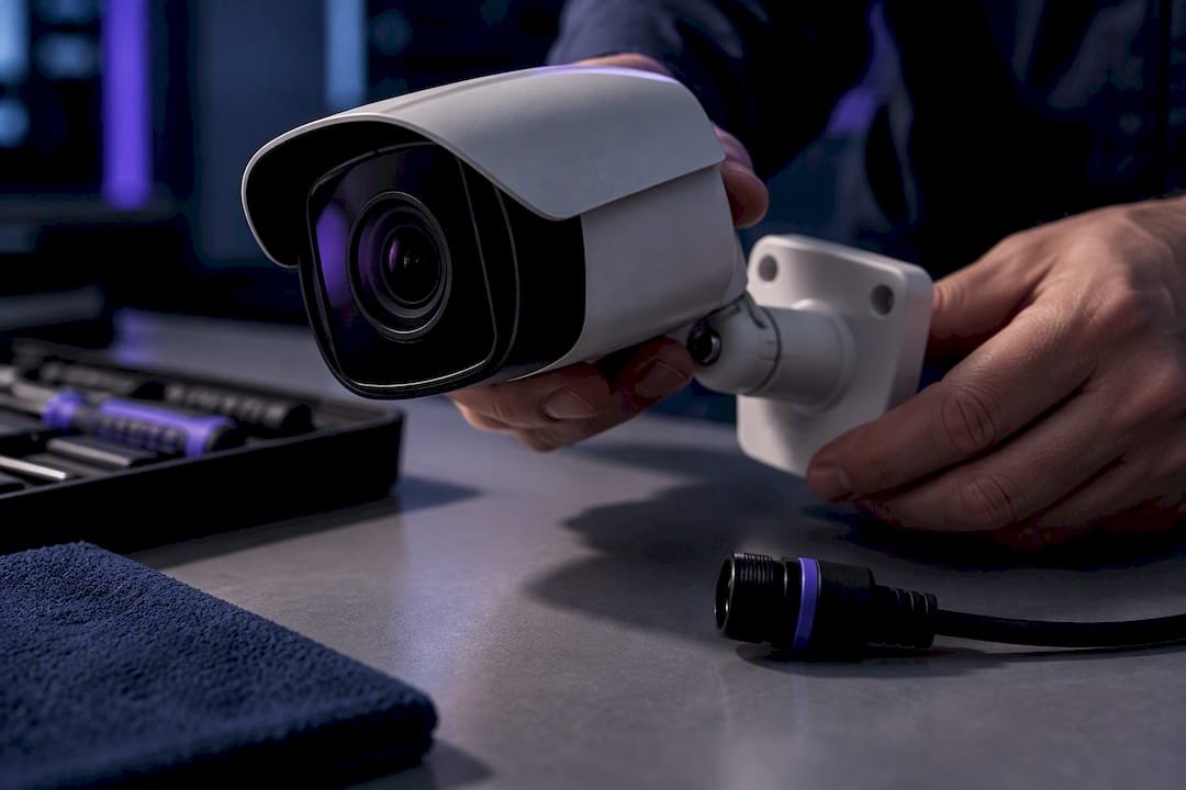 Close-up of CCTV lens and mounting bracket