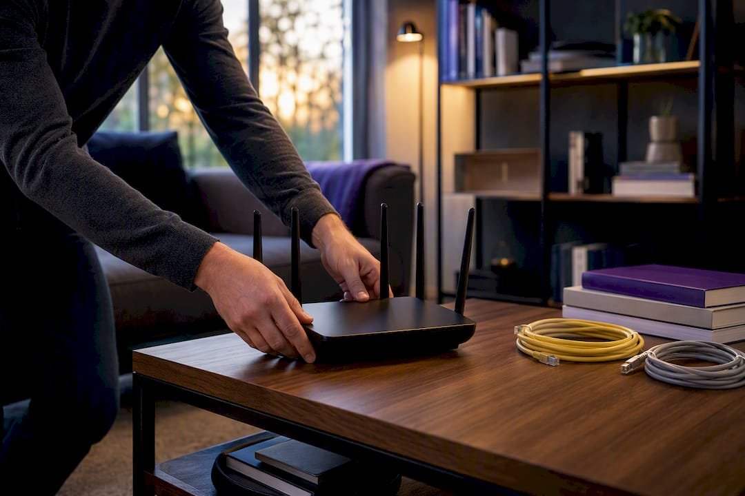 Hands replacing an old Wi-Fi router after an FTTP upgrade