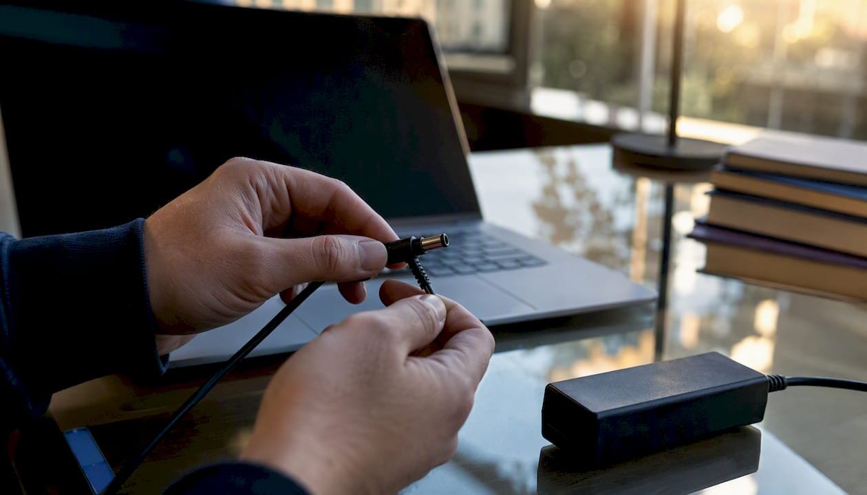 Hands checking a laptop charger plug and cable