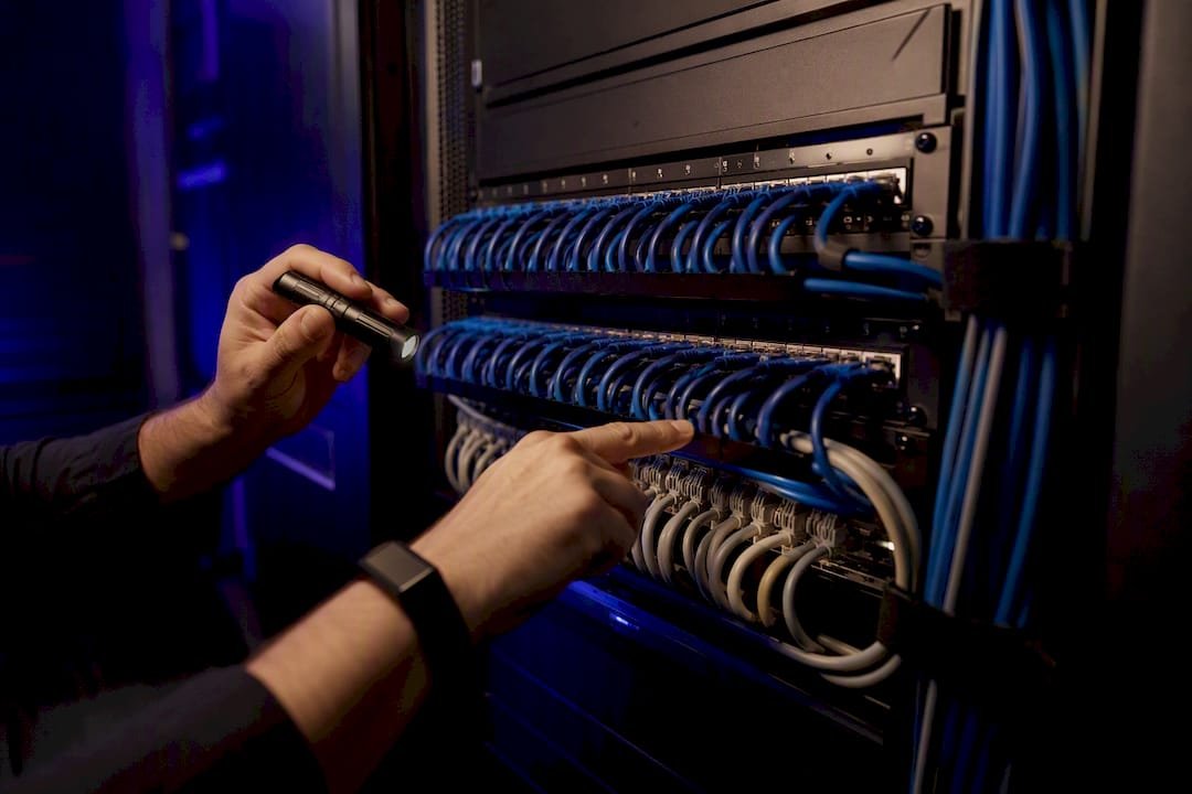 Technician inspecting organised network cabling