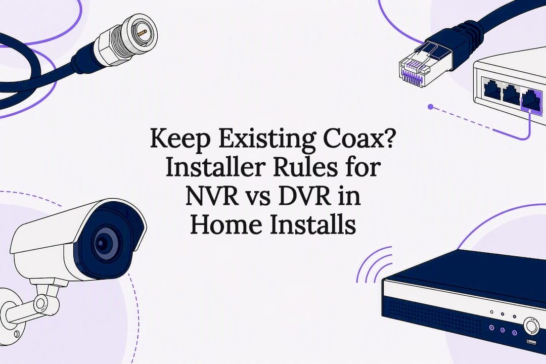 NVR and DVR recorders and camera cabling on a workbench during a home CCTV install
