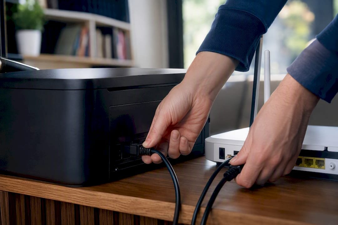 Hands unplugging a printer and a router to restart them in order