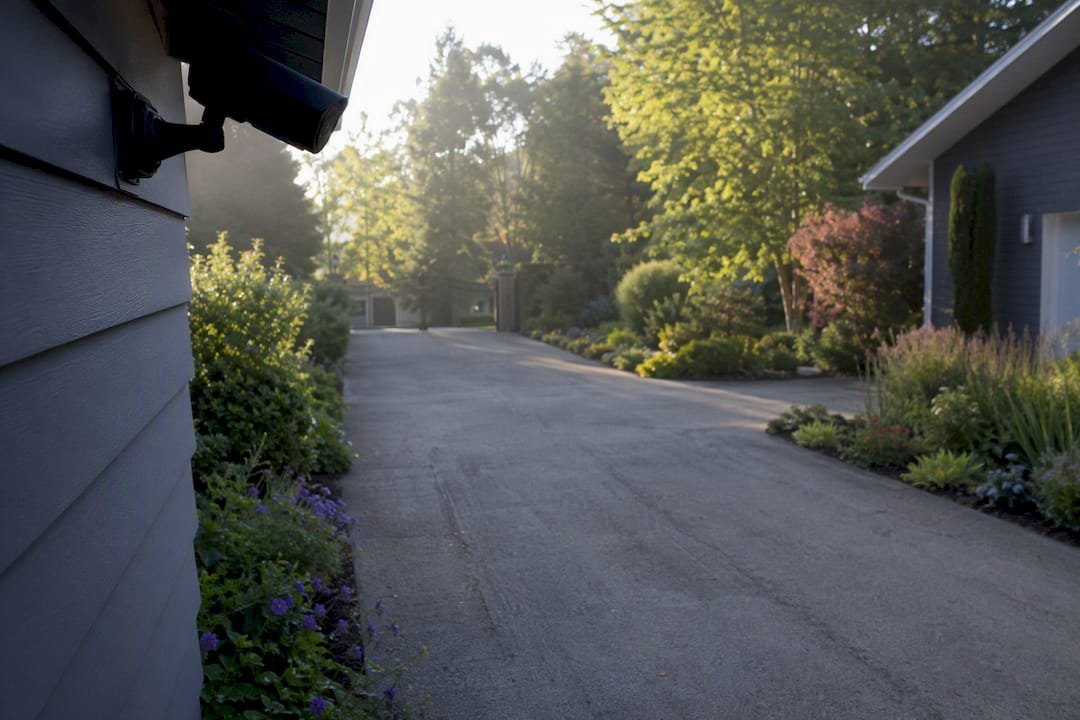 Security camera overlooking a driveway from a house corner