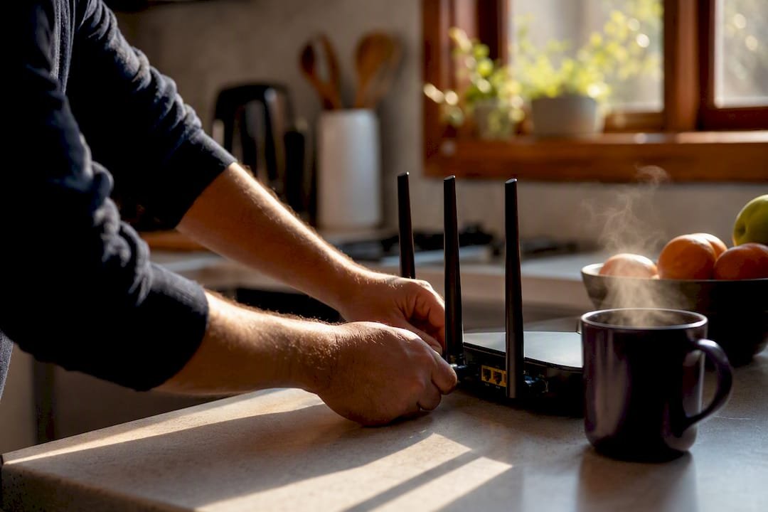 Hands adjusting router settings to steady a dropping Wi-Fi connection