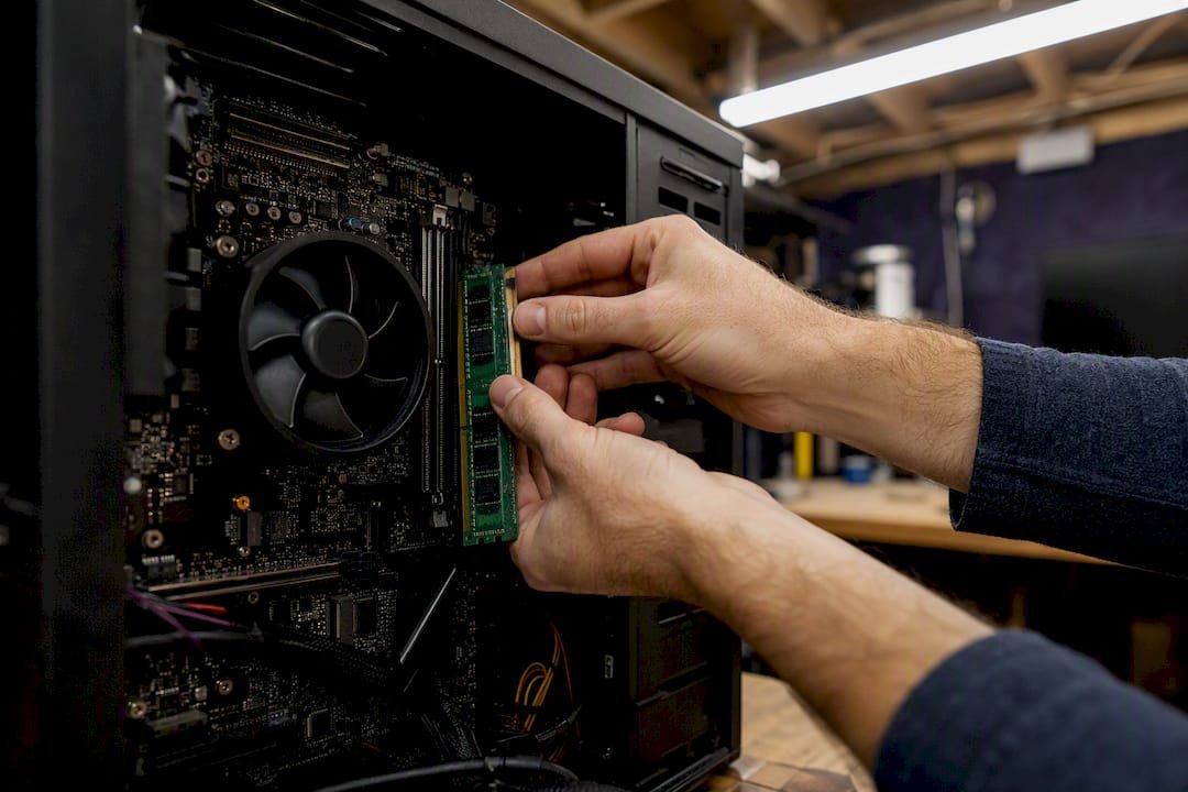Hands seating a RAM stick while checking hardware that can stop Windows from booting