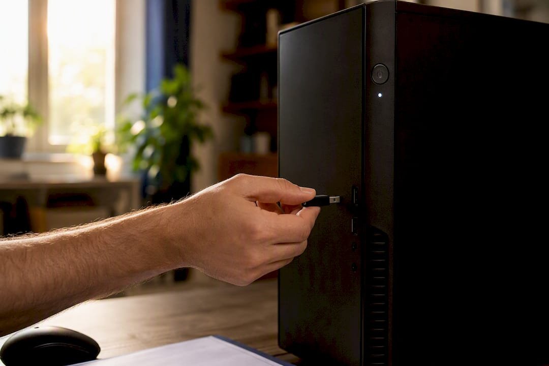 Hands unplugging a USB device from a PC that will not boot