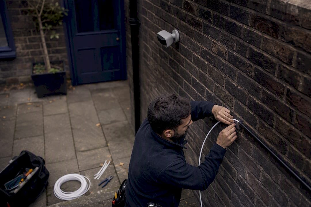 Technician routing a wired PoE camera cable outdoors
