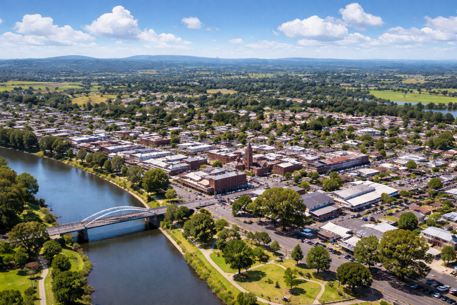 Aerial view of Maitland NSW along the Hunter River, where PC Scientist provides home and small business IT support