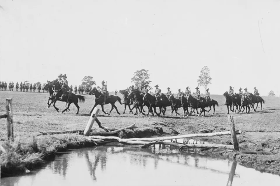 Men and horses from the 12th Light Horse Regiment training at Holsworthy camp, N
