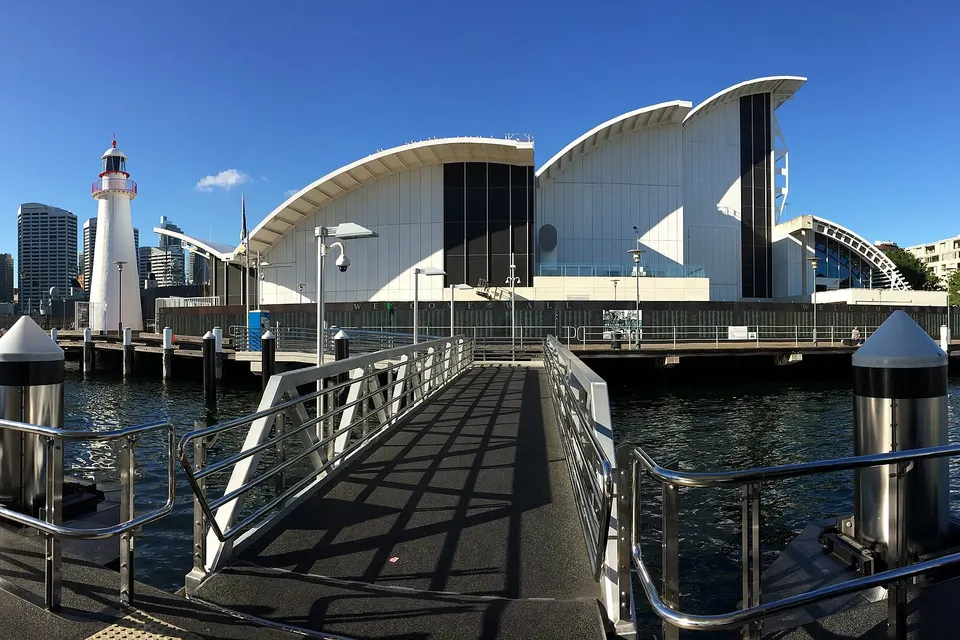 View of the Australian National Maritime Museum Pyrmont Bay ferry wharf in Pyrmo