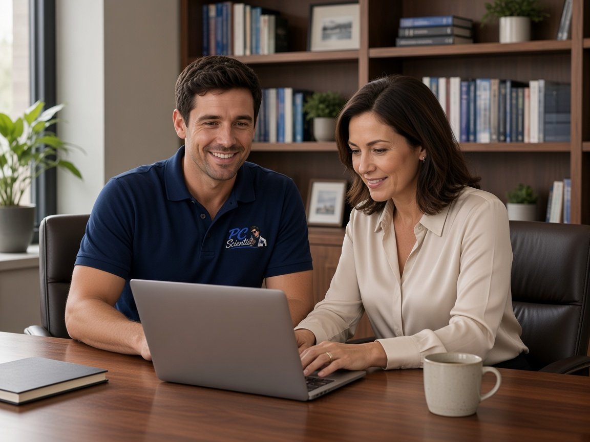Onsite at a professional office - a PC Scientist technician working through the desk with the business owner.