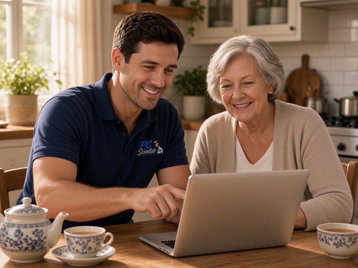 One-on-one help - a PC Scientist technician sitting with an older client at her laptop.