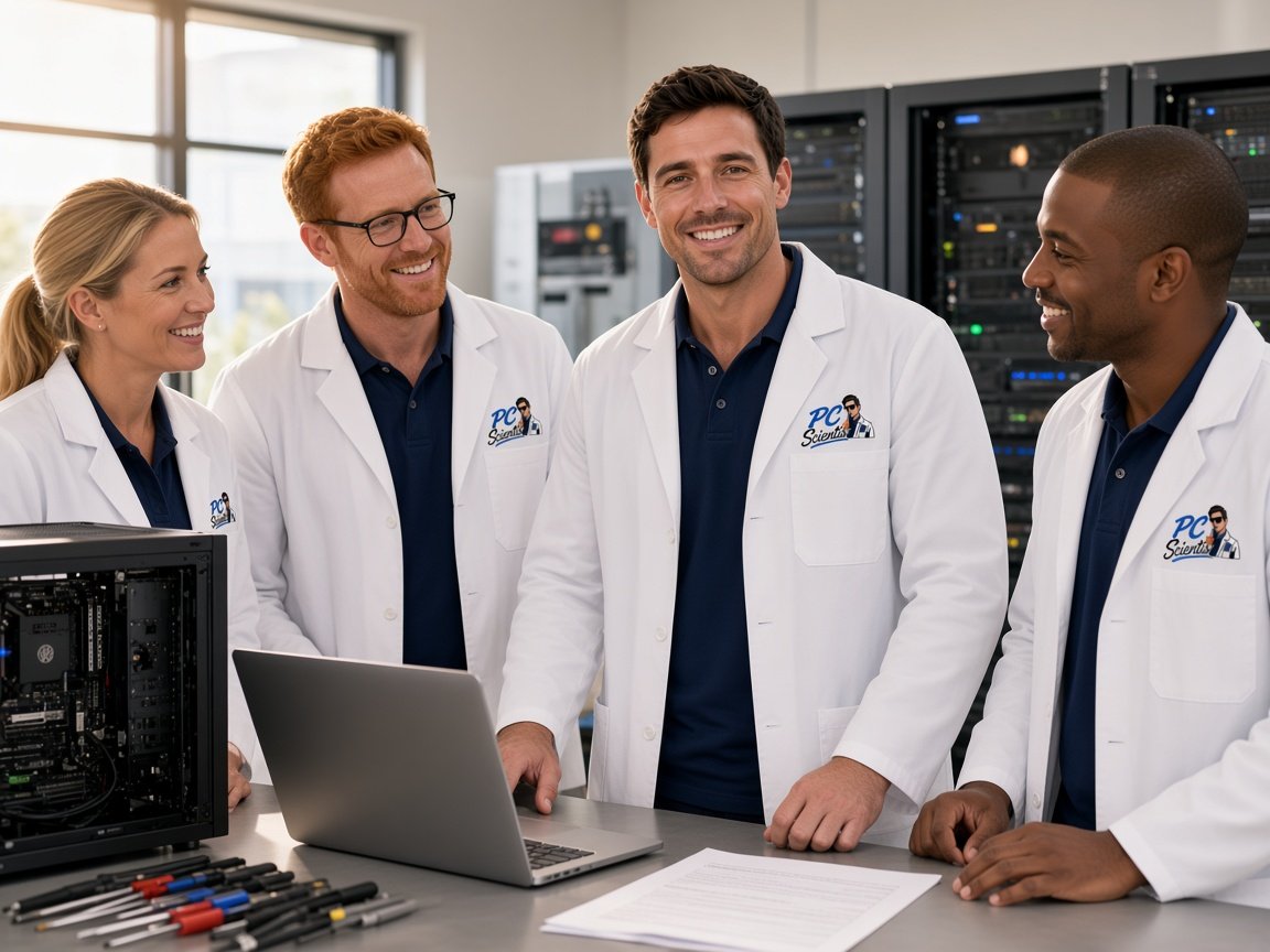 The PC Scientist team in the lab, in white coats with the PC Scientist logo, working at the bench.